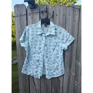 Cottagecore Floral Basic Editions Button Down Shirt Womens Large Mint Blue